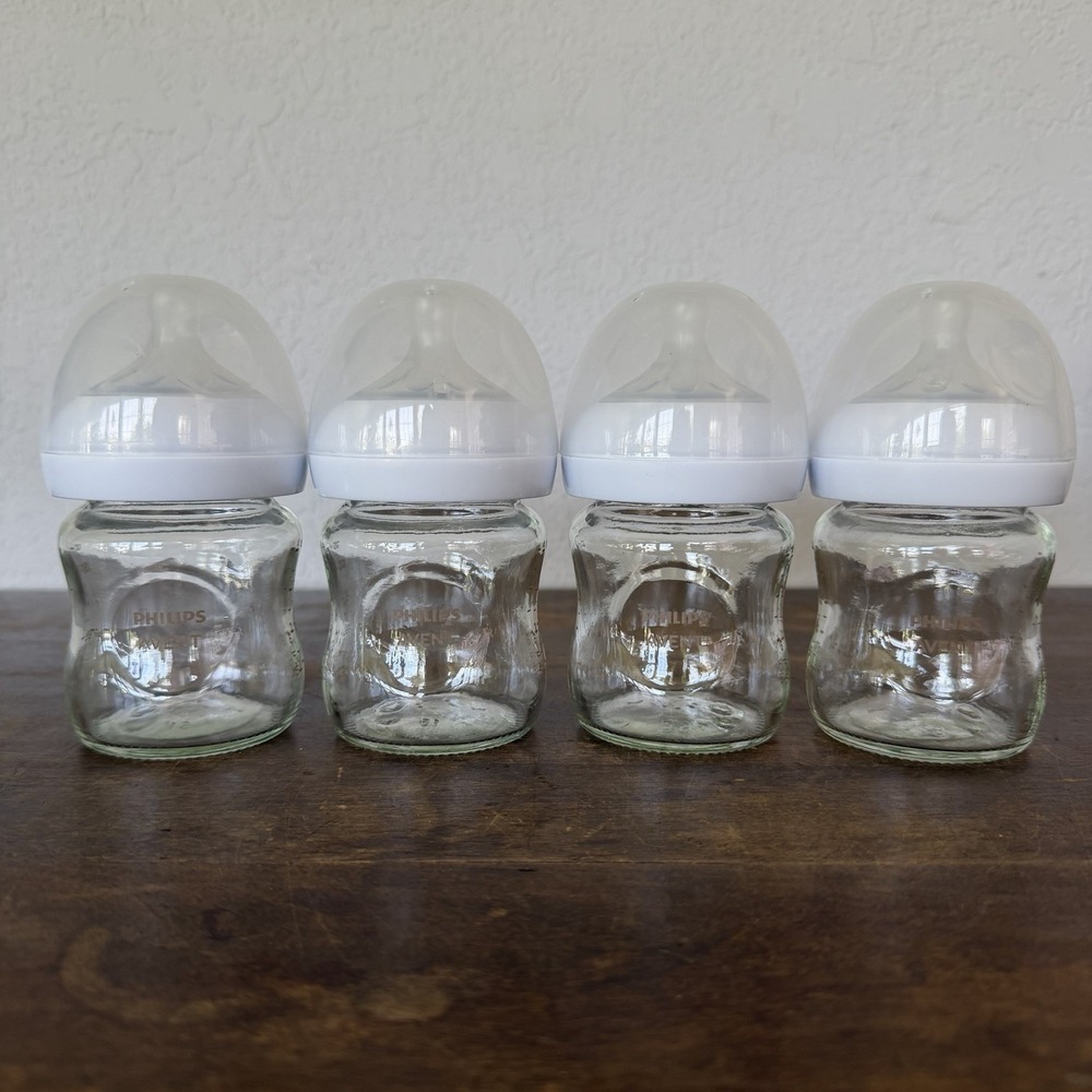 Philips Avent Glass Baby Bottle with Natural Response Sz 2 Nipple 4 oz‎ 4 Pack